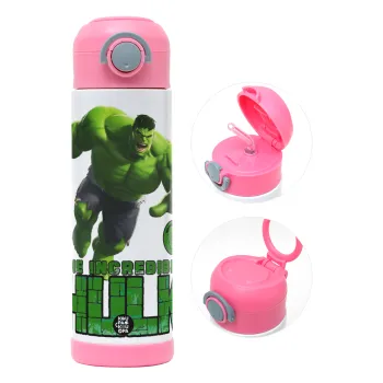 Hulk, Children's hot water bottle, stainless steel, with safety straw, PINK (500ml)