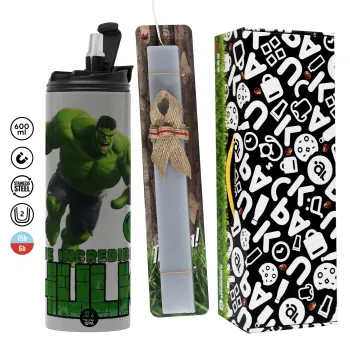 Hulk, Πασχαλινή Λαμπάδα με Travel Tumbler θερμό (600ml, BPA free) & κερί αρωματικό πλακέ (30cm) (ΓΚΡΙ)