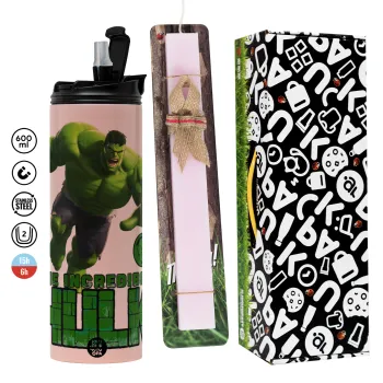 Hulk, Πασχαλινή Λαμπάδα με  ΡΟΖ Travel Tumbler θερμό (600ml, BPA free) & κερί αρωματικό πλακέ (30cm) (ΡΟΖ)