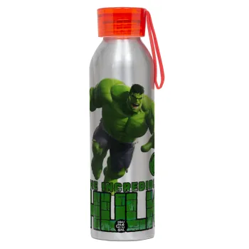 Hulk, Αλουμινένιο Αθλητικό Μπουκάλι 650ml – Ασημί με Κόκκινο Καπάκι και Λουράκι Σιλικόνης