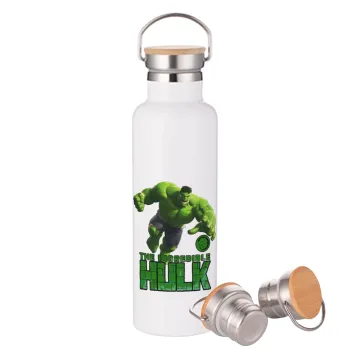 Hulk, Stainless steel White with wooden lid (bamboo), double wall, 750ml