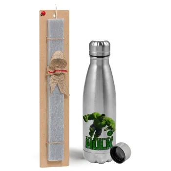 Hulk, Easter Set, metallic Inox water bottle (750ml) & aromatic flat Easter candle (30cm) (GRAY)