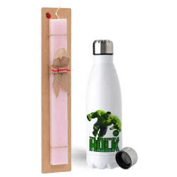 Hulk, Easter Set, metallic stainless steel water bottle (750ml) & scented flat Easter candle (30cm) (PINK)