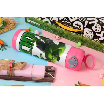 Hulk, Πασχαλινή Λαμπάδα με Παιδικό παγούρι θερμό, ανοξείδωτο, με καλαμάκι ασφαλείας, ΡΟΖ (500ml)