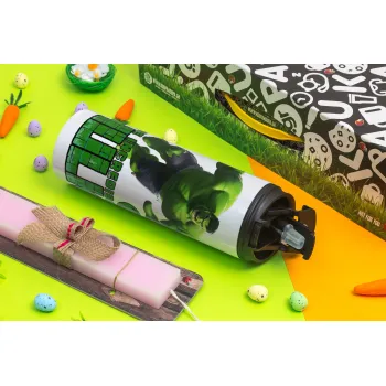 Hulk, Πασχαλινή Λαμπάδα με Travel Tumbler θερμό με διπλό καπάκι (600ml, BPA free) & κερί αρωματικό πλακέ (30cm) (ΡΟΖ)