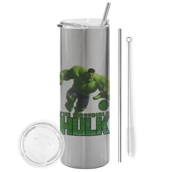 Hulk, Tumbler ποτήρι θερμό Ασημένιο από ανοξείδωτο ατσάλι 600ml, με μεταλλικό καλαμάκι & βούρτσα καθαρισμού