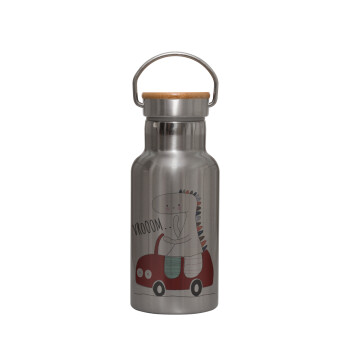 Βρουμ βρουμ, Stainless steel metallic thermos flask, silver with a bamboo lid, double-walled, 350ml.