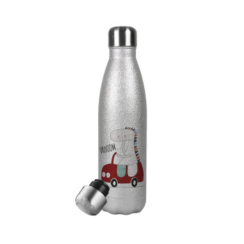 Βρουμ βρουμ, Metallic Glitter Silver Thermos Flask (Stainless steel), double-walled, 500ml