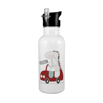Βρουμ βρουμ, White water bottle with straw, stainless steel 600ml