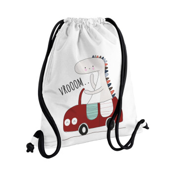 Βρουμ βρουμ, Τσάντα πλάτης πουγκί GYMBAG λευκή, με τσέπη (40x48cm) & χονδρά κορδόνια