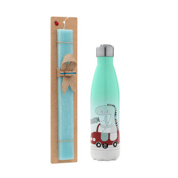 Βρουμ βρουμ, Easter Set, Metallic green/white thermos (Stainless steel), double-walled, 500ml & scented flat Easter candle (30cm) (TURQUOISE)