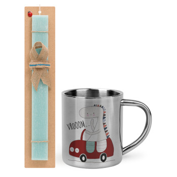 Βρουμ βρουμ, Easter Set, metallic thermal cup (300ml) & aromatic flat Easter candle (30cm) (TURQUOISE)