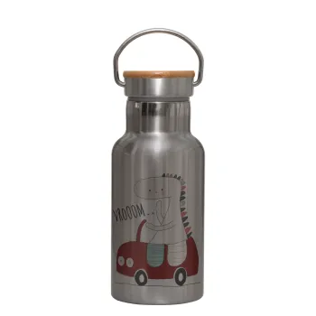 Βρουμ βρουμ, Stainless steel metallic thermos flask, silver with a bamboo lid, double-walled, 350ml.