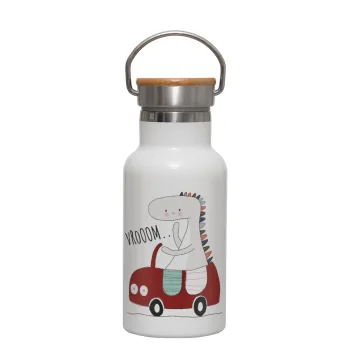 Βρουμ βρουμ, Metallic thermos (Stainless steel) White with wooden lid (bamboo), double-walled, 350ml