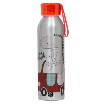 Βρουμ βρουμ, Αλουμινένιο Αθλητικό Μπουκάλι 650ml – Ασημί με Κόκκινο Καπάκι και Λουράκι Σιλικόνης