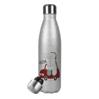 Βρουμ βρουμ, Metallic Glitter Silver Thermos Flask (Stainless steel), double-walled, 500ml