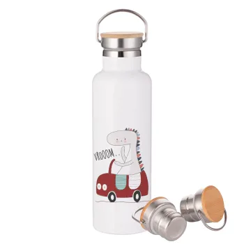 Βρουμ βρουμ, Stainless steel White with wooden lid (bamboo), double wall, 750ml