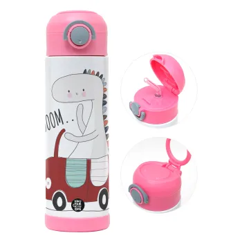 Βρουμ βρουμ, Children's hot water bottle, stainless steel, with safety straw, PINK (500ml)