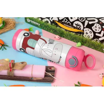 Βρουμ βρουμ, Easter candle, Childrens hot water bottle, stainless steel, with safety straw, PINK (500ml)