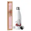 Easter Set, metallic stainless steel water bottle (750ml) & scented flat Easter candle (30cm) (PINK)