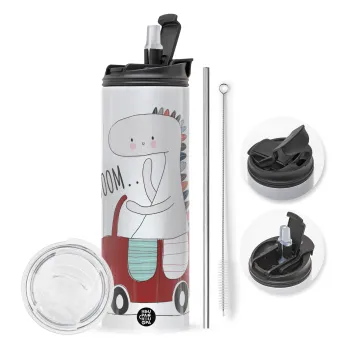 Βρουμ βρουμ, Travel Tumbler 2 Lids, with metal straw & cleaning brush (Stainless steel 304 Food grade, BPA free, 600ml)