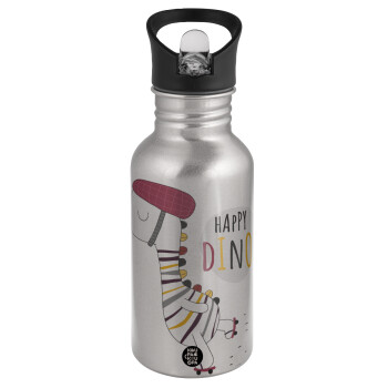 Happy Dino, Water bottle Silver with straw, stainless steel 500ml