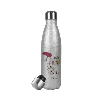 Happy Dino, Metallic Glitter Silver Thermos Flask (Stainless steel), double-walled, 500ml