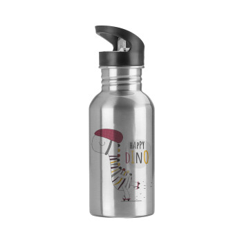 Happy Dino, Water bottle Silver with straw, stainless steel 600ml