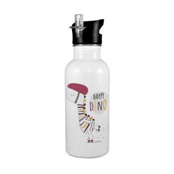 Happy Dino, White water bottle with straw, stainless steel 600ml