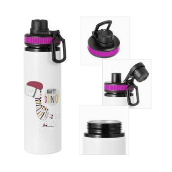 Happy Dino, Metallic water bottle with safety lid, 850ml aluminum