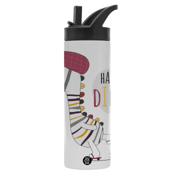 Happy Dino, Metallic thermos bottle with straw & handle, stainless steel (Stainless steel 304), double-walled, 600ml.