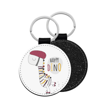 Happy Dino, Μπρελόκ Δερματίνη, στρογγυλό ΜΑΥΡΟ (5cm)