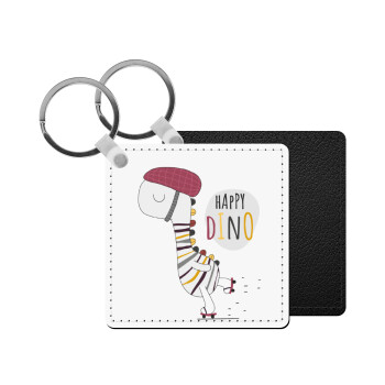 Happy Dino, Μπρελόκ Δερματίνη, τετράγωνο ΜΑΥΡΟ (5x5cm)