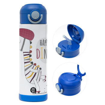 Happy Dino, Children's hot water bottle, stainless steel, with safety straw, BLUE (500ml)