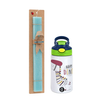 Happy Dino, Easter Set, Children's thermal stainless steel bottle with safety straw, green/blue (350ml) & aromatic flat Easter candle (30cm) (TURQUOISE)