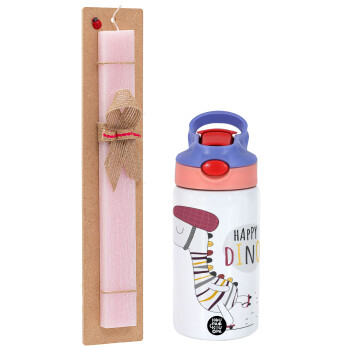 Happy Dino, Easter Set, Children's thermal stainless steel water bottle with safety straw, pink/purple (350ml) & Easter scented flat candle (30cm) (PINK)