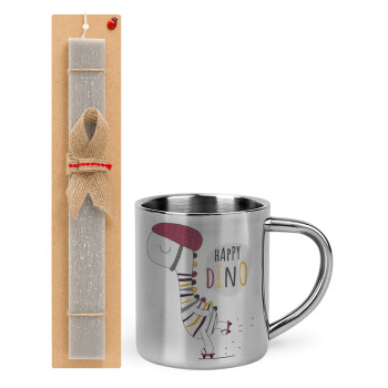 Happy Dino, Easter Set, metallic thermal cup (300ml) & Easter aromatic flat candle (30cm) (GRAY)