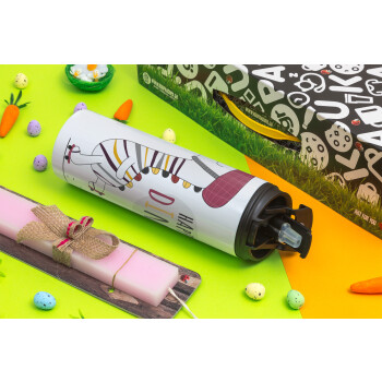 Happy Dino, Easter candle,Travel Tumbler 2 Lids, with metal straw & cleaning brush & aromatic flat candle (30cm) (PINK)