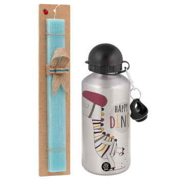 Happy Dino, Easter Set, metallic silver aluminum water bottle (500ml) & scented flat Easter candle (30cm) (TURQUOISE)