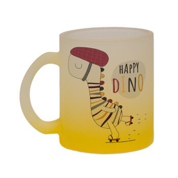 Happy Dino, Κούπα γυάλινη δίχρωμη με βάση το κίτρινο ματ, 330ml