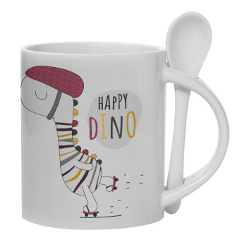 Happy Dino, Ceramic coffee mug with Spoon, 330ml (1pcs)