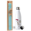 Easter Set, metallic stainless steel water bottle (750ml) & aromatic flat Easter candle (30cm) (TURQUOISE)