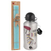 Easter Set, metallic silver aluminum water bottle (500ml) & scented flat Easter candle (30cm) (TURQUOISE)
