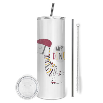 Happy Dino, Eco friendly stainless steel tumbler 600ml, with metal straw & cleaning brush