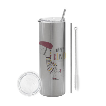 Happy Dino, Eco friendly stainless steel Silver tumbler 600ml, with metal straw & cleaning brush