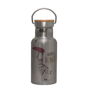Happy Dino, Stainless steel metallic thermos flask, silver with a bamboo lid, double-walled, 350ml.