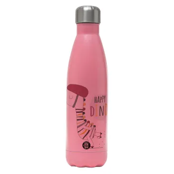 Happy Dino, Μεταλλικό παγούρι θερμός Ροζ Ματ (Stainless steel), διπλού τοιχώματος, 500ml