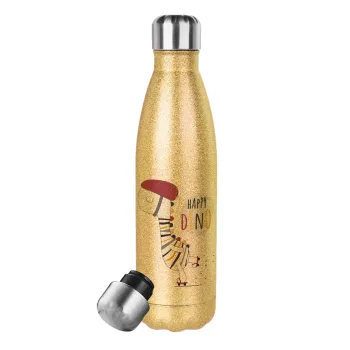 Happy Dino, Glitter gold stainless steel thermos bottle, double-walled, 500ml