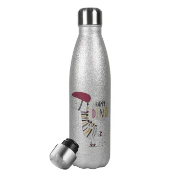 Happy Dino, Metallic Glitter Silver Thermos Flask (Stainless steel), double-walled, 500ml