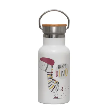 Happy Dino, Μεταλλικό παγούρι θερμός (Stainless steel) Λευκό με ξύλινο καπακι (bamboo), διπλού τοιχώματος, 350ml